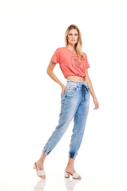 Calça Patogê Feminina Jeans Jogger Com Cós Desfiado Super Alta