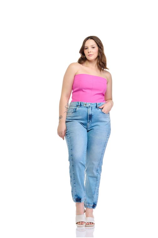 Calça Patogê feminina jeans jogger com tachas na barra cintura