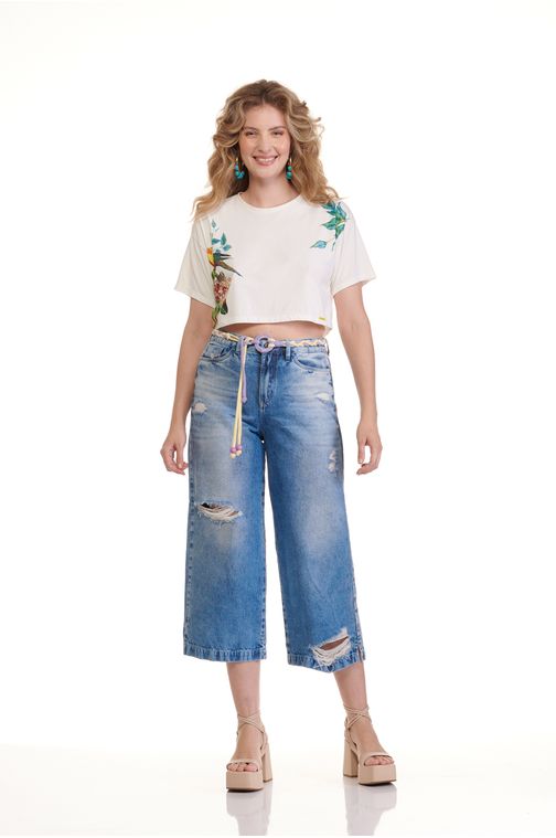 Calça Patogê feminina pantacourt jeans com cinto de cadarço cintura alta (G4) Cor:UNICA; Tamanho:38