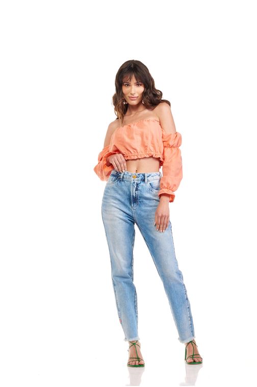Calça Patogê feminina jeans mom com bordado cintura alta (G4) Cor:UNICA; Tamanho:38