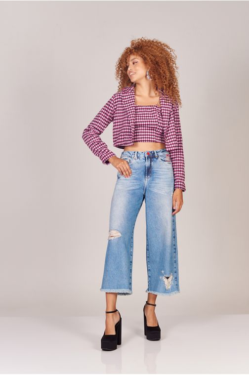 Calça Patogê feminina pantacourt jeans com detalhe bordado cintura alta (G4) Cor:UNICA; Tamanho:36
