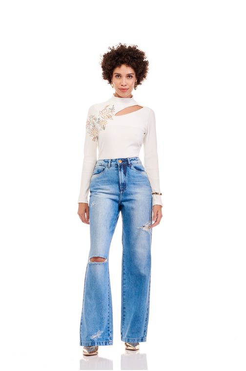 Calça Patogê feminina jeans wide leg cintura super alta (G5) Cor:UNICA; Tamanho:36