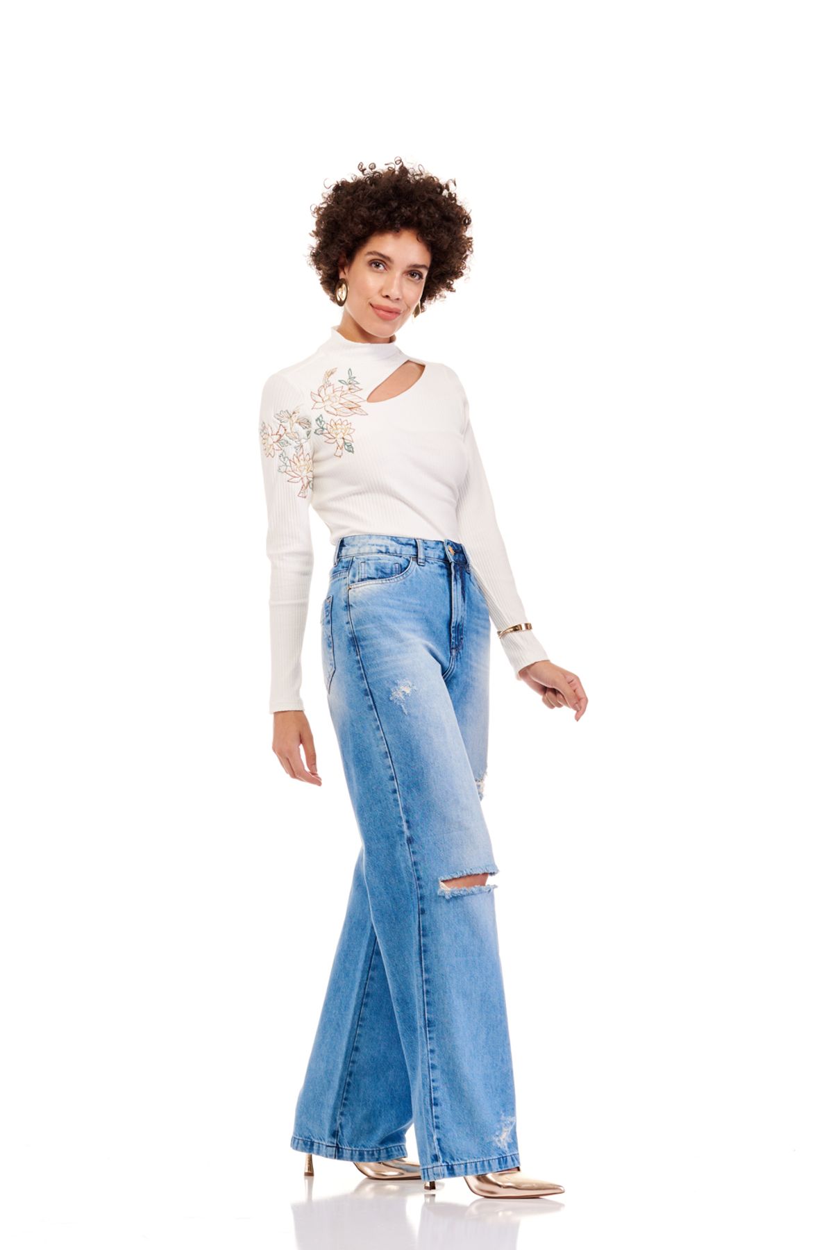 Calça Patogê feminina jeans wide leg cintura super alta (G5) - patoge