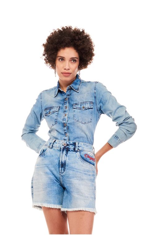 Bermuda Patogê feminina jeans boyfriend com silk no espelho do bolso cintura média (G3) Cor:UNICA; Tamanho:36