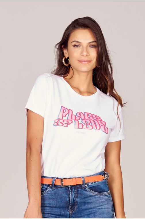 T-shirt Patogê feminina em algodão com silk colorido Cor:BRANCO; Tamanho:P