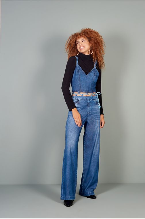Macacão Patogê feminino jeans wide leg cintura alta (G4) Cor:UNICA; Tamanho:36