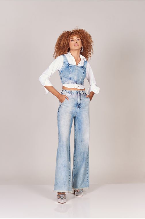 Calça Patogê feminina wide leg jeans com aplicação de transfer cintura alta (G4) Cor:UNICA; Tamanho:42