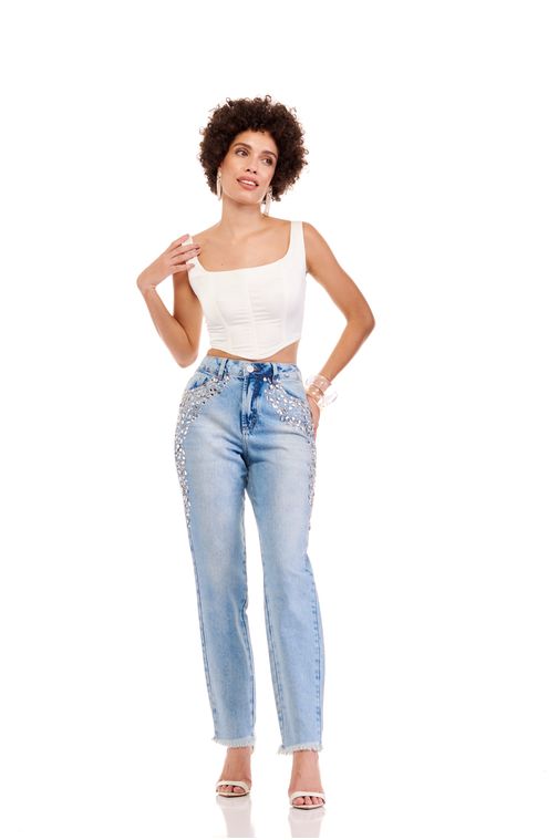 Calça Patogê feminina reta jeans com bordado manual cintura alta (G4) CL36882 Cor:UNICA; Tamanho:36