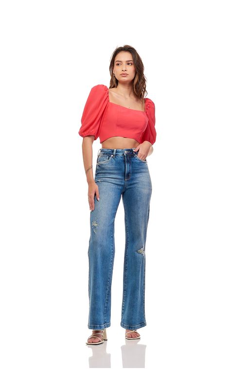 Calça Patogê feminina wide leg jeans cintura alta (G4) CL36905 Cor:UNICA; Tamanho:36