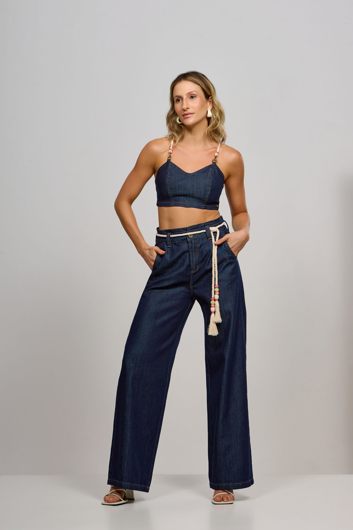Calça Patogê feminina pantalona jeans cintura alta (G4) CL37030