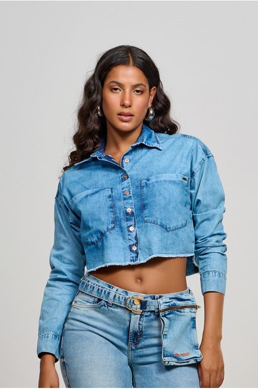 Camisa Patogê feminina jeans com bordado CA36982 Cor:UNICA; Tamanho:P