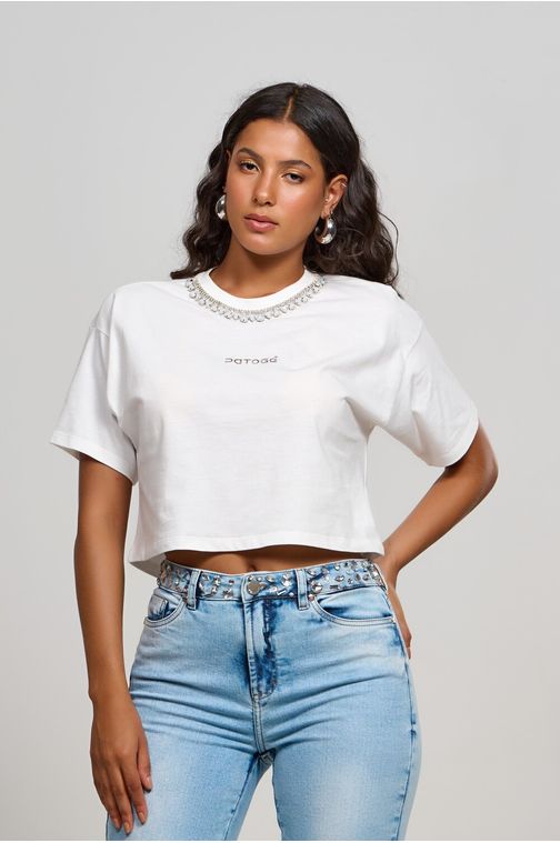 T-shirt Patogê feminina em malha de algodão TS37068 Cor:OFF WHITE; Tamanho:P