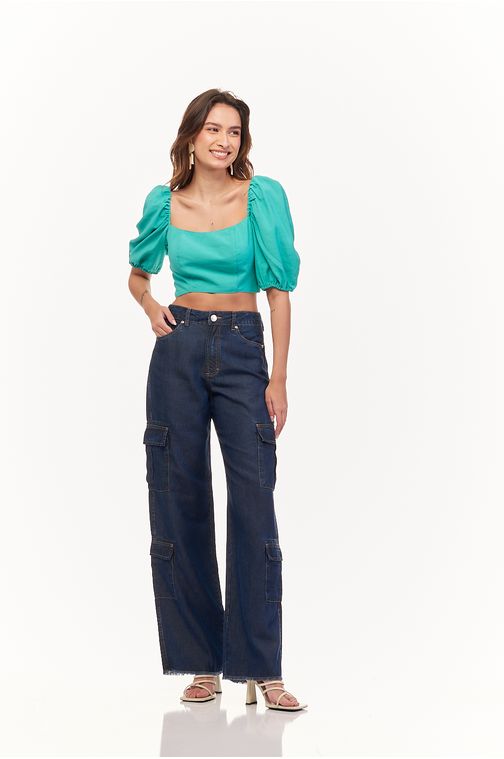 Calça Patogê feminina wide leg cargo jeans cintura alta (G4) CL37496 Cor:UNICA; Tamanho:36