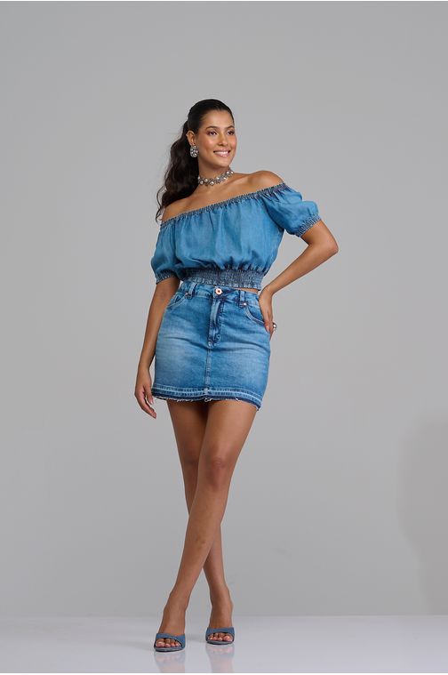 Mini saia Patogê feminina jeans cintura média (G3) SA37555 Cor:UNICA; Tamanho:36